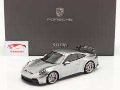 Porsche 911 (992) GT3 2021 GT sølv metallisk med Udstillingsvindue 1:18 Minichamps