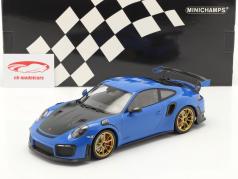 Porsche 911 (991 II) GT2 RS Weissach Package 2018 blu / d&#39;oro cerchi 1:18 Minichamps