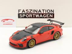 Porsche 911 (991 II) GT3 RS Weissach Package 2019 lava 橘子 / 金的 轮辋 1:18 Minichamps
