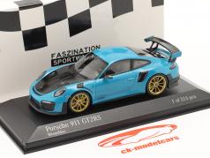 Porsche 911 (991 II) GT2 RS 2018 Miami blauw / gouden velgen 1:43 Minichamps