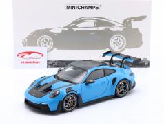 Porsche 911 (992) GT3 RS Paquete Weissach 2024 azul / plata llantas 1:18 Minichamps