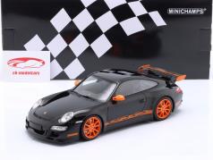 Porsche 911 (997) GT3 RS 建设年份 2007 黑色的 / 橙子 轮辋 1:18 Minichamps
