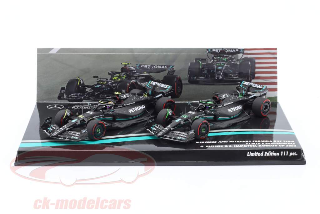 2-Car Set Hamilton #44 & Russell #63 Bahrein GP formule 1 2023 1:43 Minichamps