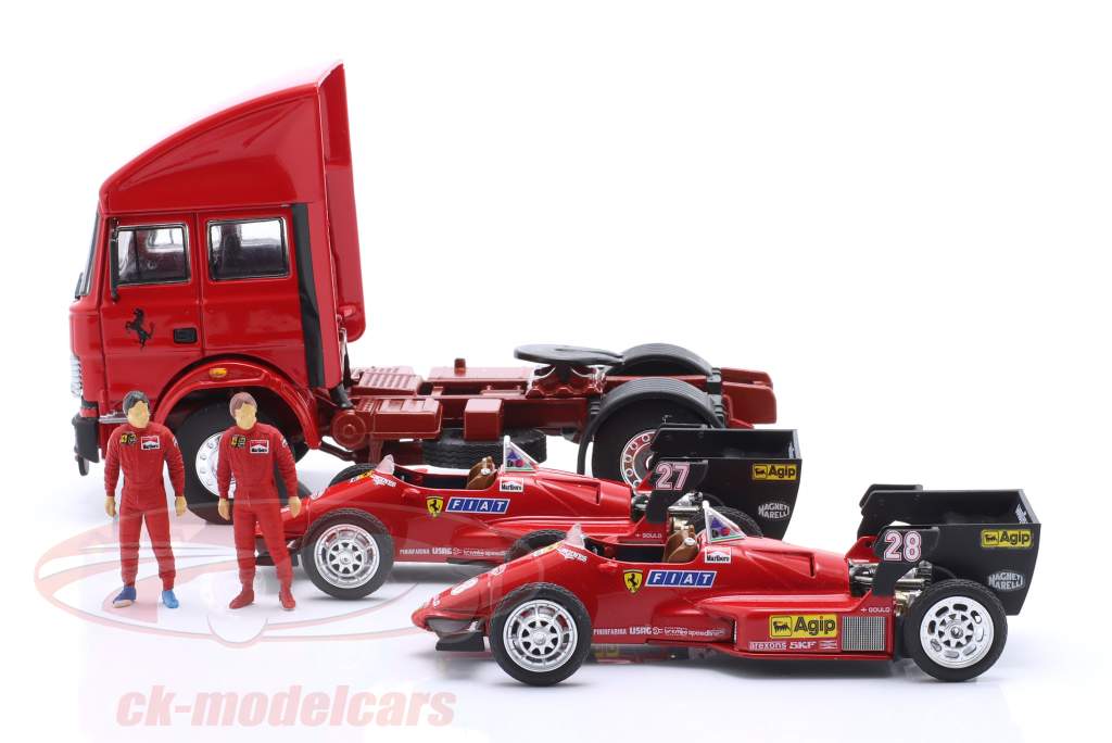 Set transportador de carreras con Ferrari 126C4 #27, #28 Mónaco GP fórmula 1 1984 1:43 Brumm