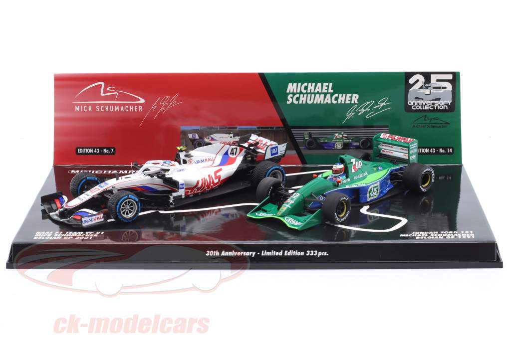 2-Car Set Schumacher Michael / Mick België GP formule 1 1991 / 2021 1:43 Minichamps