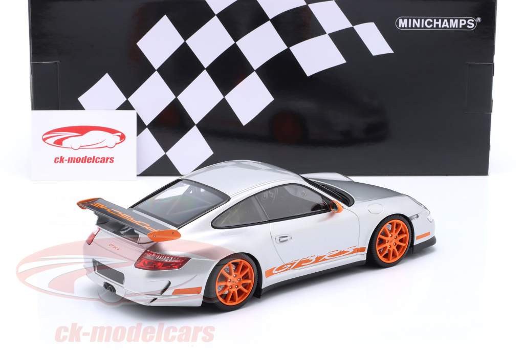 Porsche 911 GT3 RS Anno di costruzione 2007 argento / arancia cerchi 1:18 Minichamps