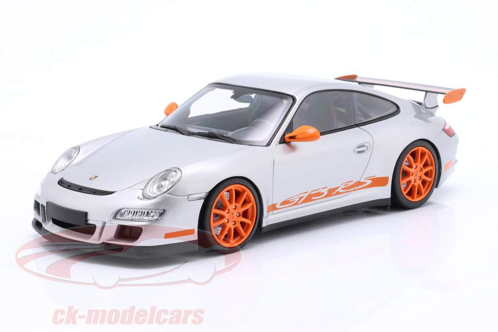 Porsche 911 GT3 RS Byggeår 2007 sølv / orange fælge 1:18 Minichamps