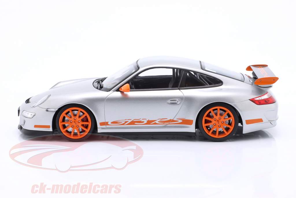 Porsche 911 (997) GT3 RS Baujahr 2007 silber / orangene Felgen 1:18 Minichamps