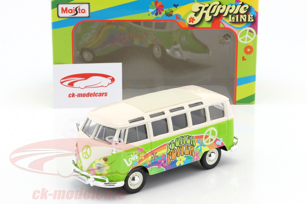 Maisto 1:24 Volkswagen VW T1 Samba Bus Hippie Line Flower Power bright  green / white 32301 model car 32301 090159323013